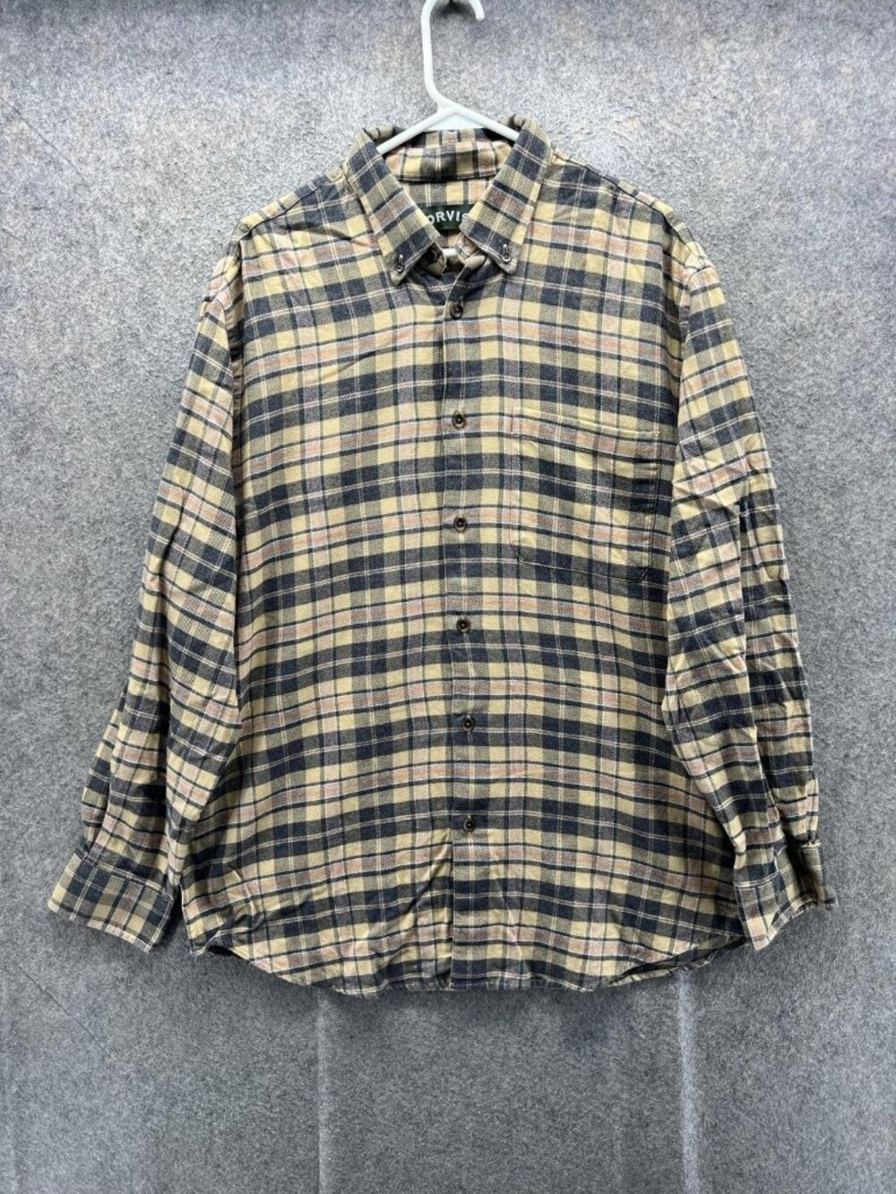 Orvis Shirt Men Large Beige Plaid Long Sleeve Button Up Flannel Cotton Casual